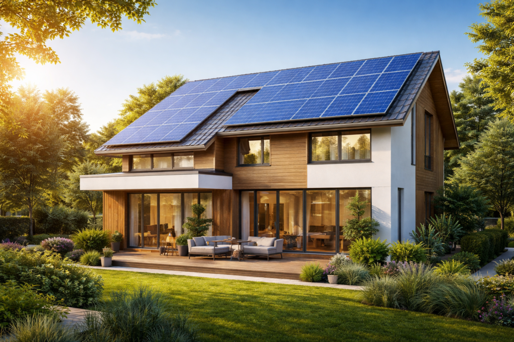 Eco-friendly home in lush garden