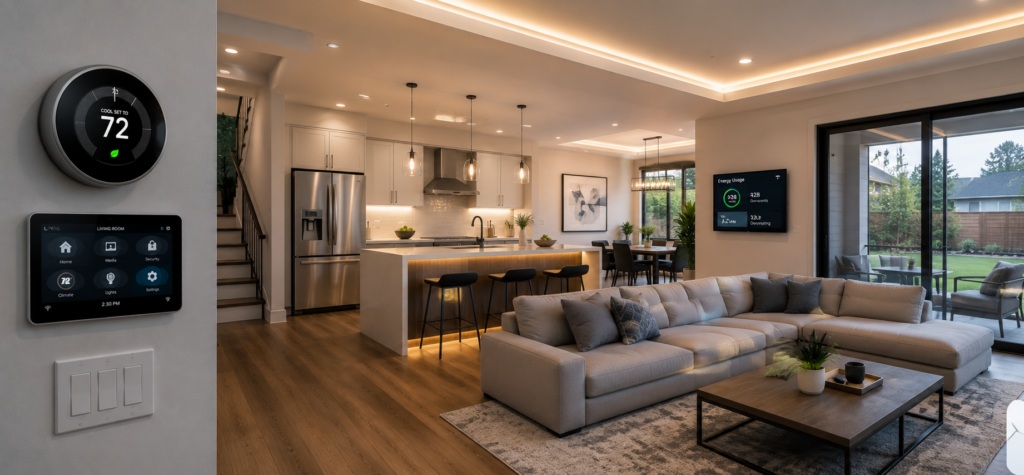 Energy-efficient smart home interior with connected thermostat and LED lighting