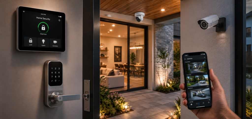Modern home security system with smart locks and surveillance cameras
