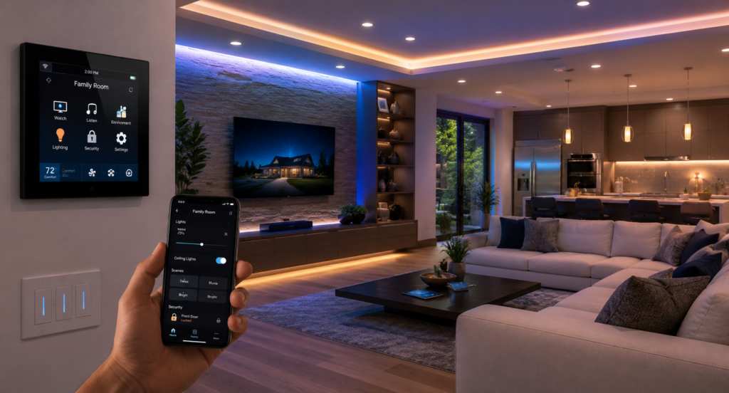 Modern smart home with automated lighting and connected technology