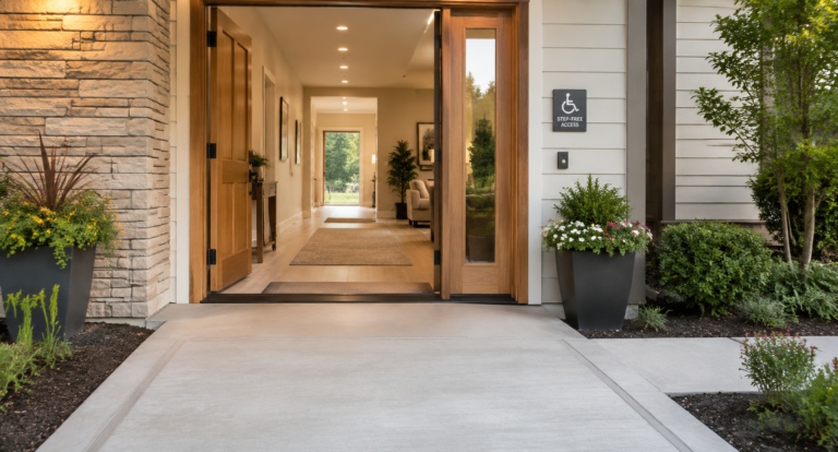 Accessible home entryway with step‑free access and wide door for universal design