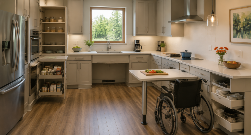 Accessible kitchen with adjustable counters and pull‑out shelves for universal design