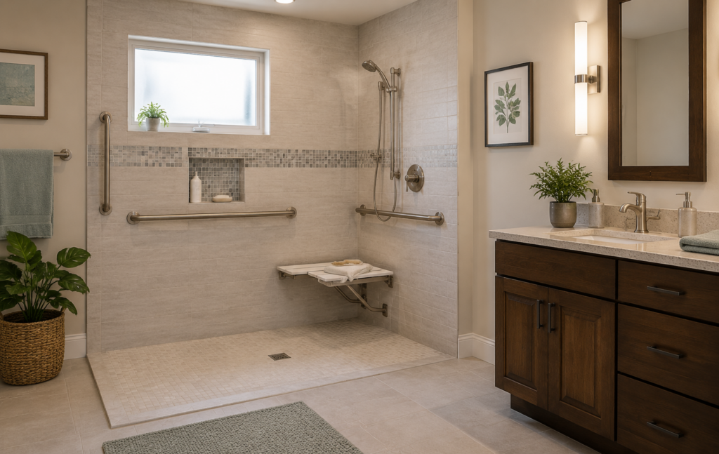Bathroom with walk‑in shower and safety grab bars for universal design accessibility
