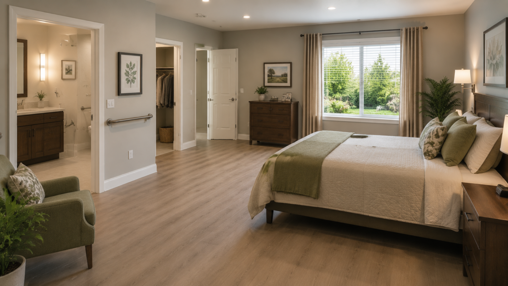 Bedroom with spacious layout and easy navigation for accessibility and universal design