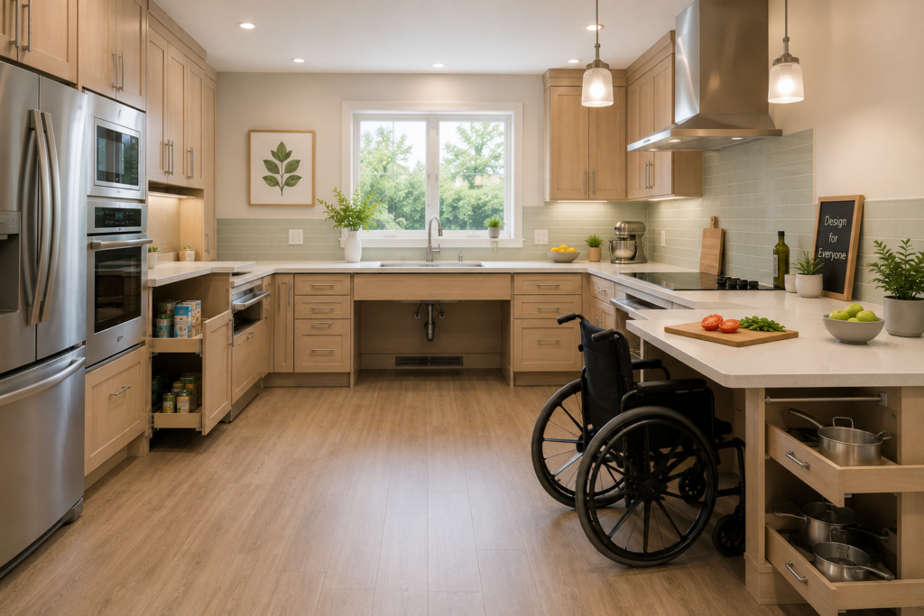 Accessible kitchen with adjustable counters and pull-out shelves