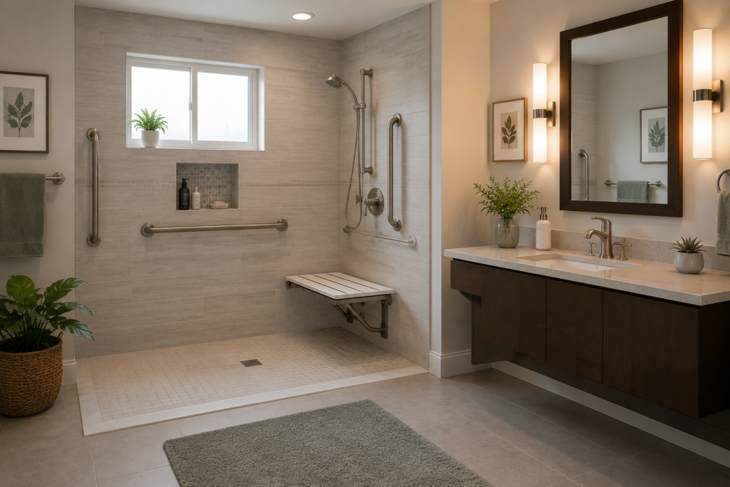 Bathroom with walk-in shower and safety grab bars for universal design accessibility