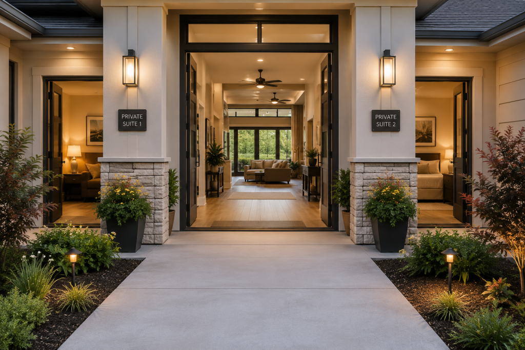 Spacious home entryway leading to separate private suites for multigenerational living