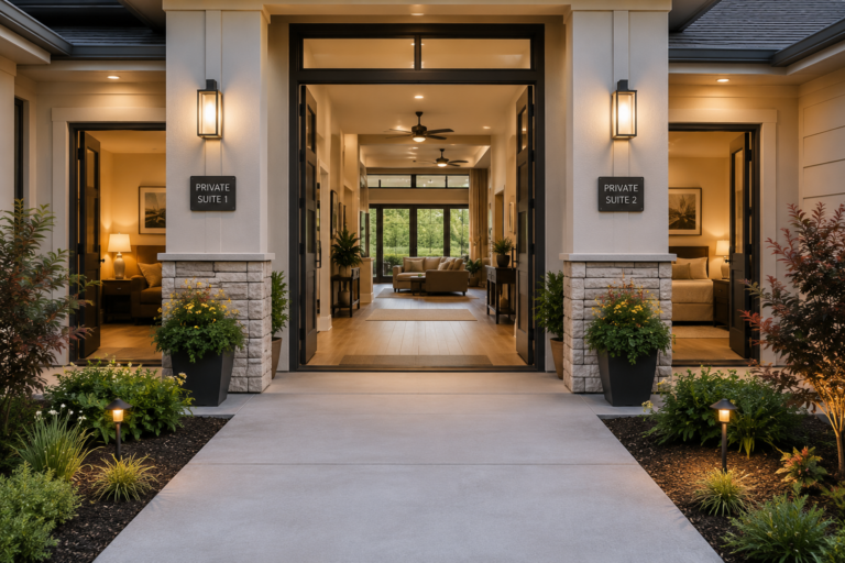 Spacious home entryway leading to separate private suites for multigenerational living