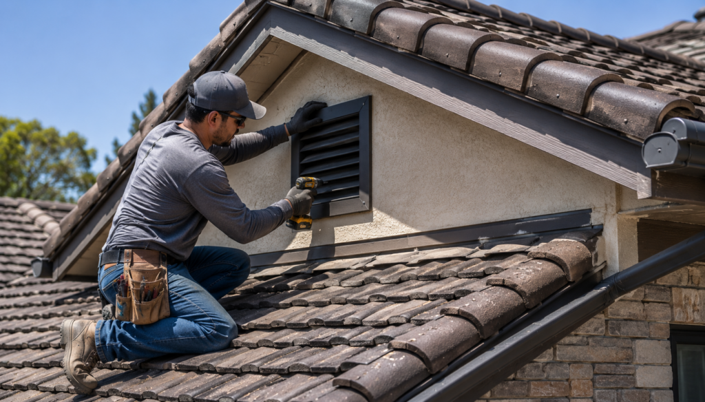 Contractor installing ember-resistant attic vents during home hardening