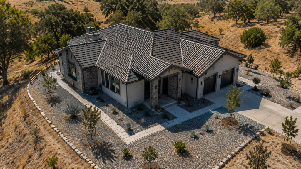 Defensible space with noncombustible landscaping around wildfire-resilient home
