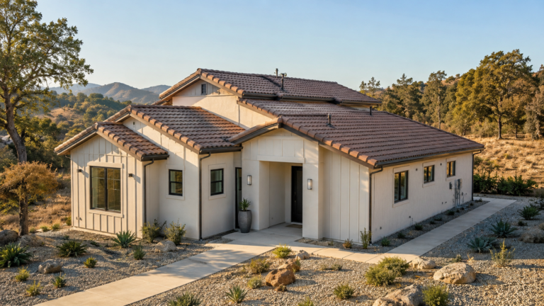 Wildfire-resilient home with fire-resistant roof and defensible landscaping