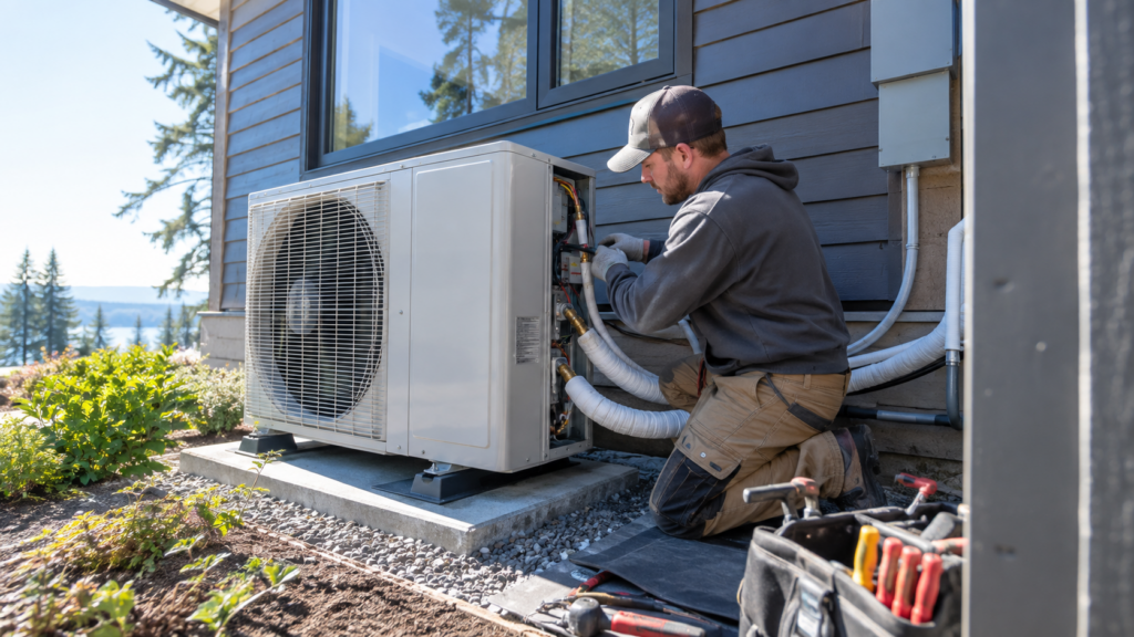Contractor installing an energy-efficient heat pump during a home electrification remodel