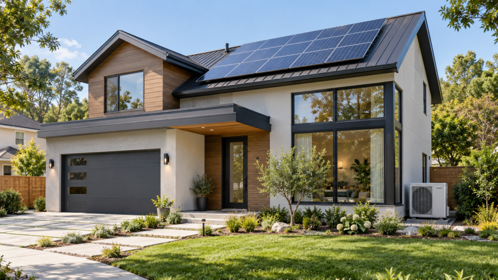 Modern electrified home with solar panels, heat pump, and energy-efficient upgrades