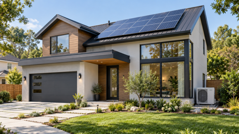 Modern electrified home with solar panels, heat pump, and energy-efficient upgrades